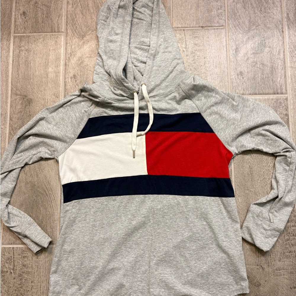 Gray Tommy Hooded Pullover with Red, White & Blue Block Stripe Size Medium